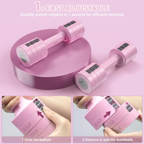 Sportneer Adjustable Dumbbells Hand Weights Set: 5 lb Dumbbell Set of 2 Each 2lb 3lb 4lb 5lb Free Weights Fast Adjust Weight 4 In 1 Weights Dumbbells Set for Women Men Home Gym Exercise Training - color: Pink
