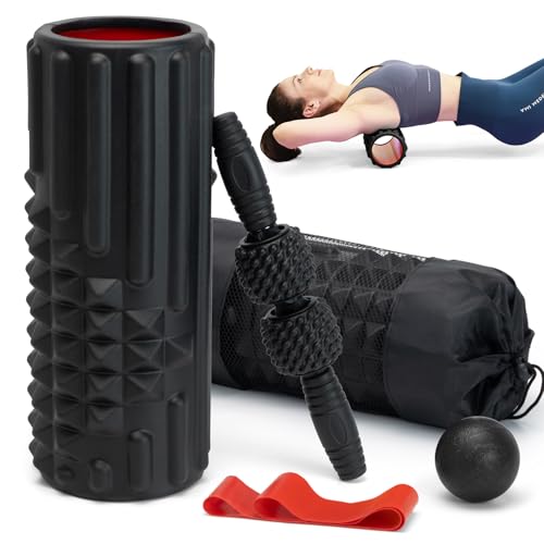 5 in 1 Foam Roller Set, High Density Fitness Exercise Foam Roller for Deep Tissue Muscle Massage, Massage Roller, Massage Ball, Resistance Band, for Whole Body(Black) - color: Black