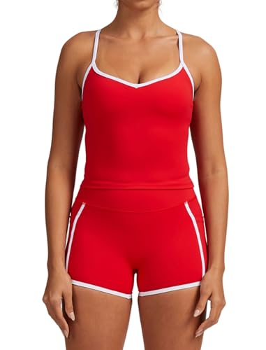 QBGJTD Women 2 Piece Workout Sets Cross Back Tank Top and High Waist Booty Lifting Shorts Yoga Active Outfits with Pockets - color: Red, size: Small