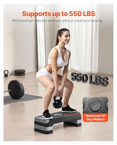 Aerobic Exercise Step Platform, 28-Inch Workout Aerobic Stepper, Height Adjustable Fitness Training Step Deck Trainer with 4 Risers, Non-Slip Surface Bench for Home Gym Cardio Strength, Gray