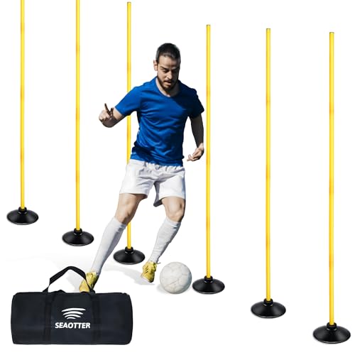 SEAOTTER Soccer Agility Poles Set, 4/6/10 Pcs 6ft Detachable Sports Trainning Speed Poles Slalom Poles with Rubber Base, Agility Training Equipment for Football, Rugby, Basketball, Indoor & Outdoor