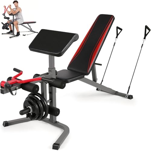 900LBS Adjustable Weight Bench with Preacher Curl Pad & Leg Extension, Flat Incline Decline Workout Bench for Home Gym, Heavy Duty Bench Press Set for Full Body Strength Training
