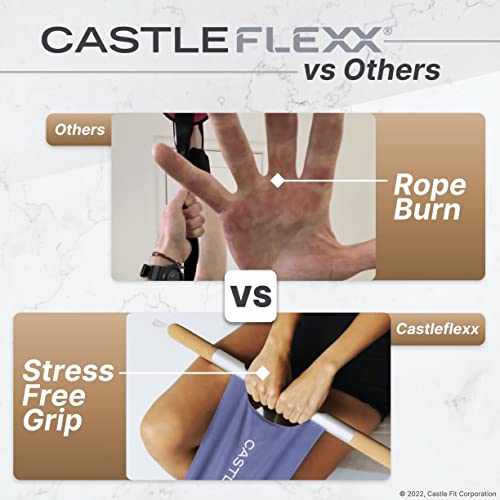 CastleFlexx Mobility and Full Body Strengthening Device | Non-Elastic Stretch Strap with Natural Premium Cork Handles for Stretching, Exercise, Physical Therapy, and Yoga | Height up to 5’9” Aqua