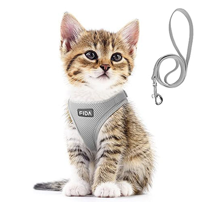 Fida Comfy Dog Harness with Leash, Cat Vest Harness Escape Proof, Breathable Lightweight Soft Mesh, Adjustable Reflective Step-in Harness for Puppy Toy Breeds & Extra-Small Pet (XXS, Grey) - color: Light Gray, size: XXS (Neck:11.4"-12.2"; Girth:12.6"-14.2
