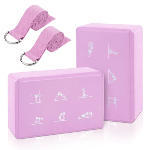 2 Yoga Block and 2 Yoga Strap Set,Non-slip EVA Foam Blocks, High Density Yoga Bricks with 6ft Strap, Supportive Latex-Free Yoga Block Accessories for Pilates