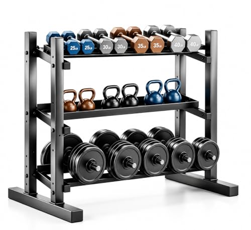 3-Tier Professional Dumbbell Rack, Commercial Grade Dumbbell Storage Rack,1300/1800LB Capacity with Barbell Holder, Adjustable Heavy-Duty Weight Rack for Home Gym, Weight Stand for Dumbbells, Kettlebells & Weight Plates (Rack Only)