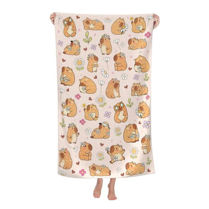 Capybara Beach Towel, Microfiber Oversized Beach Towel, Lightweight Quick Dry Sandproof Towels 51”x31.5” for Swim Pool Yoga Gym Camping Beach Essentials Accessories (Daisy Capybara)