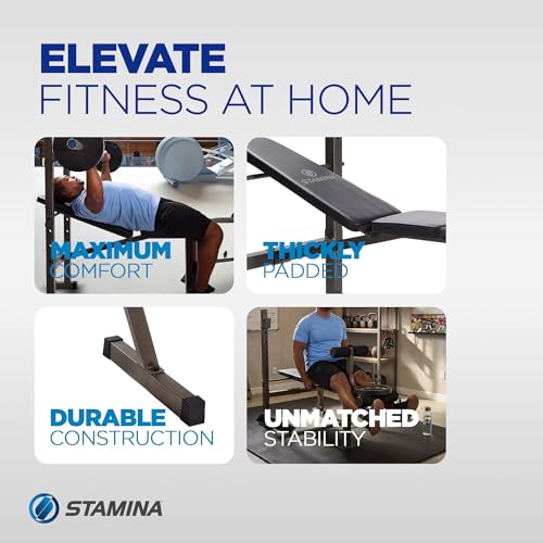 Stamina Adjustable Steel Weights Bench and Barbell Rack Combo Set with Resistance Band Anchor Points for Home Gym Workout or Exercise, Black