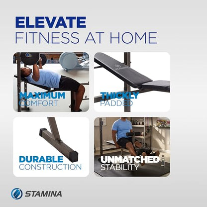 Stamina Adjustable Steel Weights Bench and Barbell Rack Combo Set with Resistance Band Anchor Points for Home Gym Workout or Exercise, Black