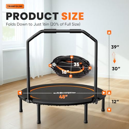 Zupapa 48in Foldable Rebounder, 550LBS Fitness Trampoline with Durable Bungees, Adjustable Handle, Stable & Quiet Exercise Rebounder for Adults, Great Exercise Trampoline for Home/Gym Workout