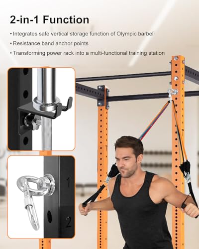 2-in-1 Olympic Barbell Holder Compatible with 2x2 2x3 Power Rack, Heavy Duty Barbell Storage with Resistance Band Anchor, Steel Bar Hanger for 5/8-1 Inch Holes - size: 2x2 2x3 3x3 Power Rack
