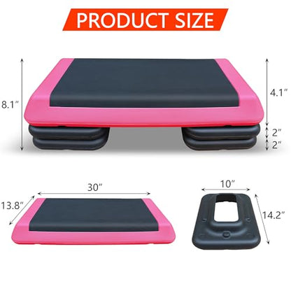 43" Aerobic Exercise Step Platform, Adjustable Aerobic Steppers with 4 Stackable Risers, Workout Stepper & Fitness Stepper for Home Gym Cardio Strength Training, Easy Storage, 550 LBS Capacity ﻿