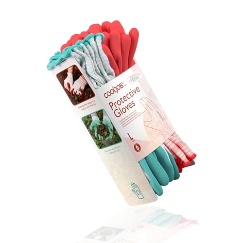 COOLJOB 6 Pairs Gardening Gloves for Women, Breathable Rubber Coated, L - color: Bright Red, Mint Green, size: Large (Pack of 6)