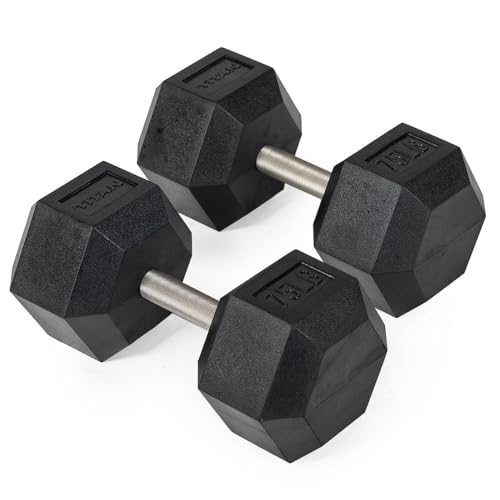 Titan Fitness 75 LB Pair Free Weights, Black Rubber Coated Hex Dumbbell, Straight Stainless Steel Handle, Strength Training, Full Body Workout