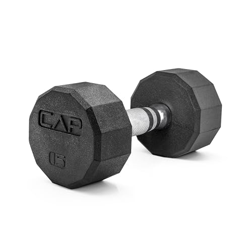 CAP Rubber Coated Dumbbell Weights, Free Weights for Home Gym Strength Training, Anti-Roll Hex Dumbbells with Black, Chrome & Comfort Grip Handles, Singles - size: 15 lb, style: 12-Sided - Chrome Handle