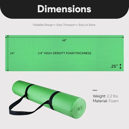 Fitvids All Purpose 1/4-Inch High Density Anti-Tear Exercise Yoga Mat with Carrying Strap, Multiple Colors - color: Green