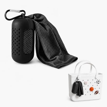 Cooling Towel with Clip Case – Quick-Dry Neck Wrap for Sports, Beach Tote Bags, Gym, Travel & Outdoor Heat - color: Black