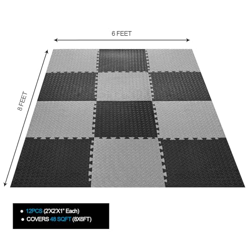 1 in Thick 48 Sq Ft EVA Foam Exercise Gym Mats 12 Pcs - Interlocking Puzzle Floor Tiles for Home Gym Heavy Workout Equipment Flooring - 24 x 24in Tile, Black & Gray