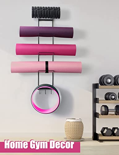 5-Tiers Yoga Mat Holder Wall Mount, Metal Storage Rack for Yoga Mat/Wheels, Foam Roller and Block etcs, Wall Rack Organizer with 3-Hooks for Hanging Stretching Strap & Resistance Bands（2 Pack）