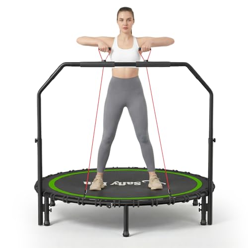 40''/45''/50'' Rebounder Trampoline for Adults, 450-550 lbs Foldable Mini Trampoline with Handle – Indoor Outdoor Fitness Trampoline with Resistance Bands for Cardio, Balance & Family Exercise - color: Black-Green, size: 50"
