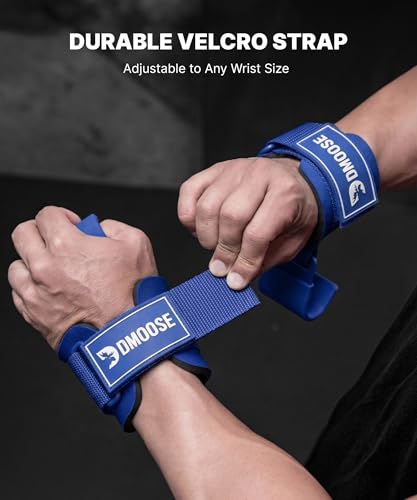 DMoose Fitness Weight Lifting Hooks (Pair) for Deadlifts, Pull Ups, Rows & Shrugs - Anti-Rip Nylon Strap Hand Grips with Thick Wrist Padding - Heavy Duty Wrist Straps for Weightlifting & Gym Workouts - color: All Blue