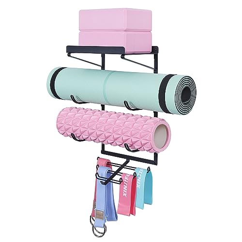 Yoga Mat Holder Wall Mount Yoga Mat Storage Rack Home Gym Accessories with 3 Sectional and 7 Hooks for Hanging Foam Roller and Resistance Bands at Fitness Class or Home Gym