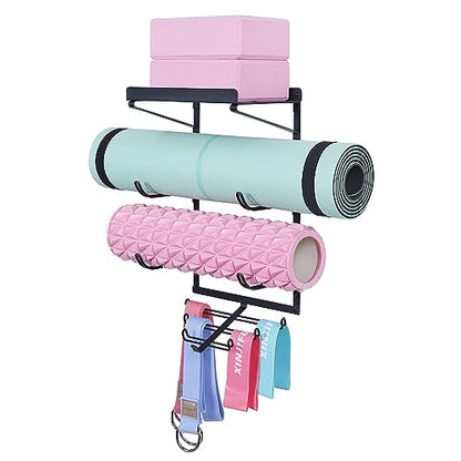 Yoga Mat Holder Wall Mount Yoga Mat Storage Rack Home Gym Accessories with 3 Sectional and 7 Hooks for Hanging Foam Roller and Resistance Bands at Fitness Class or Home Gym