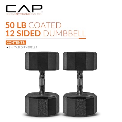 CAP Rubber Coated Dumbbell Weights, Free Weights for Home Gym Strength Training, Anti-Roll Hex Dumbbells with Black, Chrome & Comfort Grip Handles, Pairs & Sets - size: 50 lb - Pair, style: 12-Sided - Black Handle