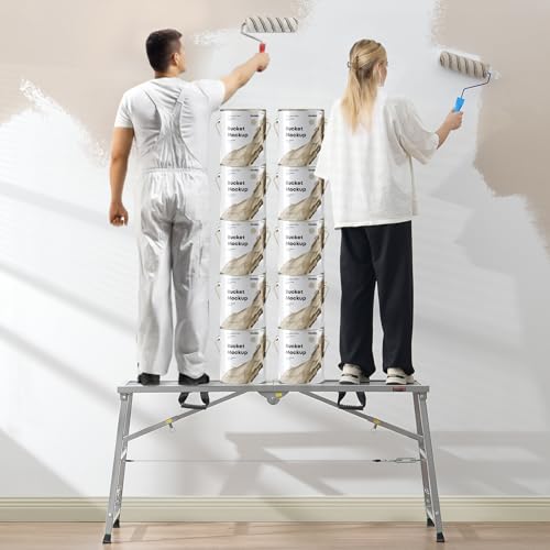 VEVOR Work Platform, 55"x 15" Portable Scaffolding Platform, Folding Steel Step Ladder Adjustable Height 27.5”-45.3”, 800 lbs Load Capacity, Non-Slip Drywall Painting Stool for Cleaning &Washing - size: 55"x 15"