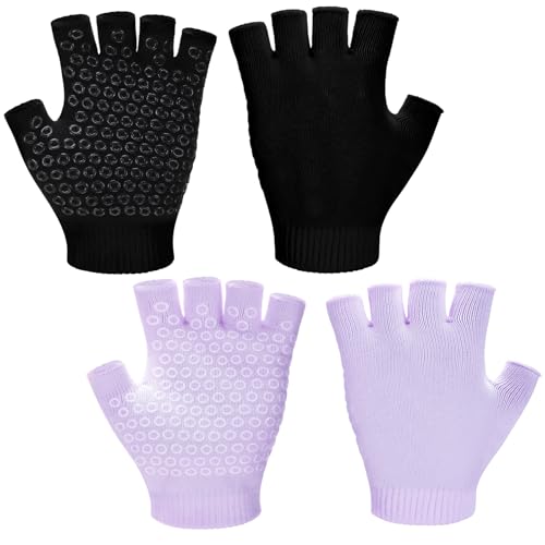 2 Pairs Non Slip Yoga Gloves for Women Fingerless Pilates Gloves with Grips for Yoga Fitness Workout Sports Exercise Gym - color: Black,Purple