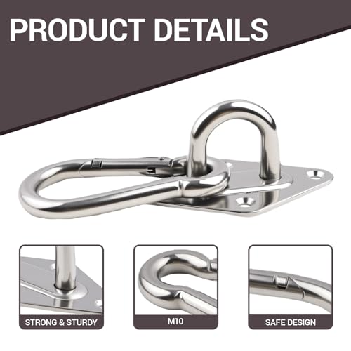 2Pack M10 Hammock Hanging Kit, Heavy Duty Stainless Steel Pad Eye Hooks with Snap Hook, for Porch Swing Punching Bag Ceiling Wall Mount, 1000Lbs Capacity Indoor Outdoor Hardware with Screws Anchors