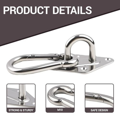 2Pack M10 Hammock Hanging Kit, Heavy Duty Stainless Steel Pad Eye Hooks with Snap Hook, for Porch Swing Punching Bag Ceiling Wall Mount, 1000Lbs Capacity Indoor Outdoor Hardware with Screws Anchors