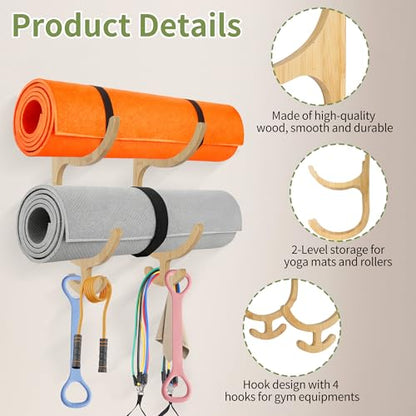 Wooden Yoga Mat Holder Wall Mount, Wooden Yoga Mat Storage Rack Solid Wooden Yoga Mat Holder Home Gym Equipment Storage & Organizer Wall Mount Workout Storage Holder for Mats,Resistance Bands