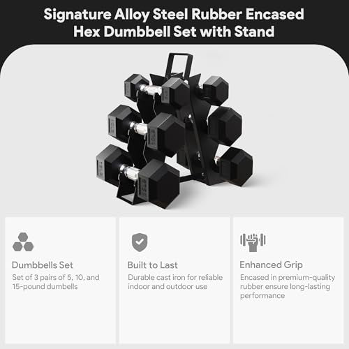 BalanceFrom Premium Rubber Encased Hex Dumbbell Sets, 46LBS Set, 60LBS Set, 100LBS Set - style: 3-Pair Set with A-Rack: 60 lbs