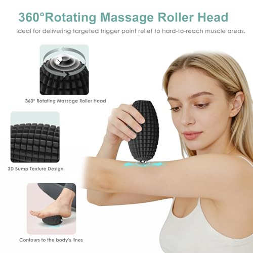 Silicone Vibrating Massage Ball with Rolling Head, 3-Speed Myofascial Massage Roller for Plantar Fasciitis Relief, Hip & Psoas Release, Trigger Point Therapy for Neck, Back, Foot (Black)
