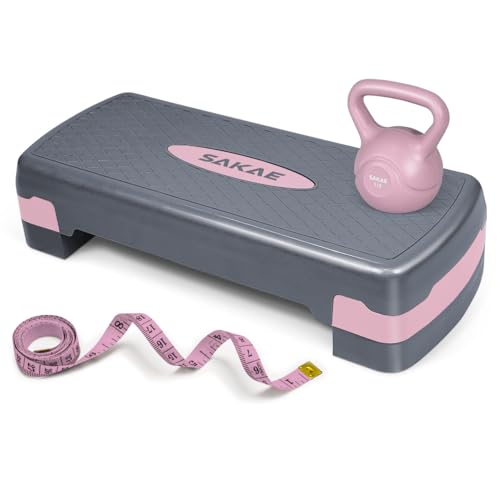 Adjustable Height Aerobic Stepper Set, Multiple Bundle Options with Dumbbells, Kettlebell, Waist Trimmer, Ankle Weights or Weighted Vest, Workout Exercise Step Platform w/Level Risers, 4 Colors - color: Pink Grey, size: d. W/ Kettlebell
