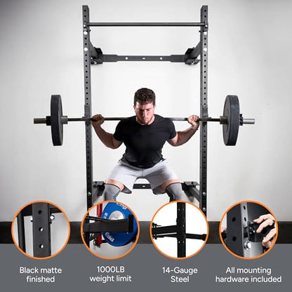 PRx Performance Wall Mounted Folding Power Squat Rack - Heavy Duty Adjustable Pull Up Bar, Space Saving Home Gym Equipment with Durable J-Cups, Ideal for Weight Lifting and Strength Training - Black