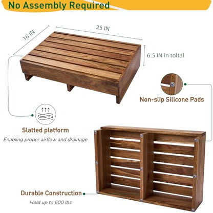 Acacia Wood Step Platform (25'' L x 16'' W x 6.5'' H, No Assembly Required), Outdoor Steps with Non-Skip Pads for Seniors, Wooden One Step Stool for Bed, Stair, Bathroom, Kitchen, Garden