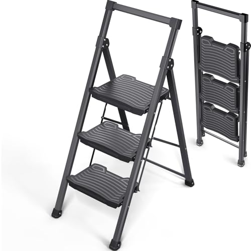KINGRACK Step Ladder 3 Step Folding, 900lbs 3 Step Ladder with Non-Skid Wide Pedal and Handrails, Lightwight Household Ladder, Sturdy Step Stool, for Your Kitchen, Closets, Office Use, Garage, Black - size: 3-step with handrail