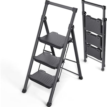 KINGRACK Step Ladder 3 Step Folding, 900lbs 3 Step Ladder with Non-Skid Wide Pedal and Handrails, Lightwight Household Ladder, Sturdy Step Stool, for Your Kitchen, Closets, Office Use, Garage, Black - size: 3-step with handrail