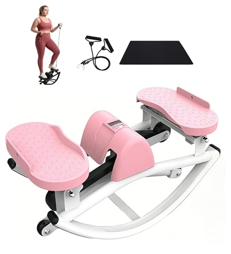 Rocking Stepper for Exercise at Home - Side to Side Mini Stair Stepper with Resistance Bands, 350 LBS Capacity Step Machine, Portable Workout Equipment & Balance Board Alternative for Adults - color: Pink