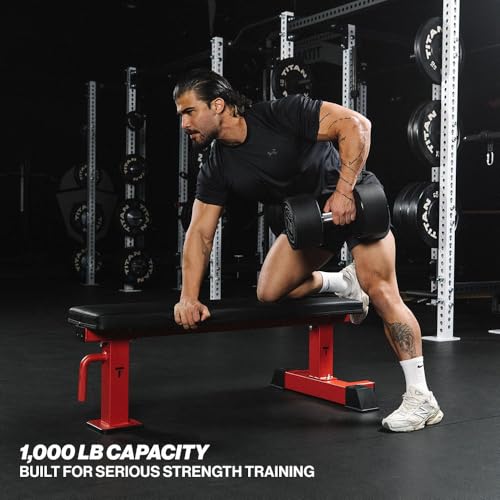 Titan Fitness Elite Series Single Post Flat Bench, Rated 1,000 LB, 2.5" Thick HeftyGrip Vinyl Pad, Dedicated Home Gym Competition Weightlifting & Strength Training Utility Bench - color: Red