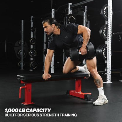 Titan Fitness Elite Series Single Post Flat Bench, Rated 1,000 LB, 2.5" Thick HeftyGrip Vinyl Pad, Dedicated Home Gym Competition Weightlifting & Strength Training Utility Bench - color: Red