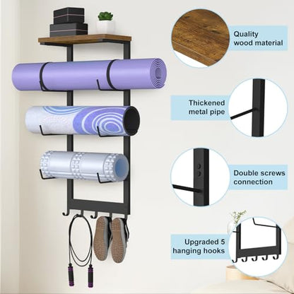 Yoga Mat Holder Wall Mount, Yoga Mats Storage Rack, Home Gym Wall Organizer Holder with Wood Floating Shelf and 5 Hooks, Storage Rack for Hanging Foam Roller/Band/Workout Equipment