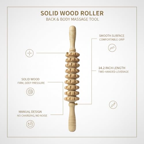14.2 Inch Solid Wood Roller, Manual Stick for Home Gym, Ergonomic Firm Pressure Tool (1 Pack)
