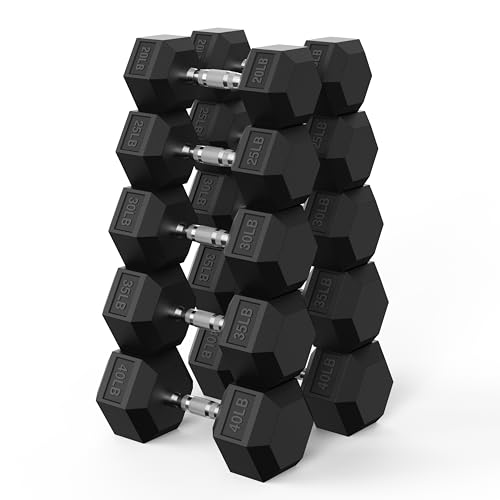 PAPABABE Hex Dumbbell Set 45-550 lb, Rubber Encased Home Gym Dumbbells, Weights Dumbbells for Women & Men, Hand Weight for Strength Training - size: 300 lb Set (Pair of 20, 25, 30, 35, 40), style: Chrome Grip