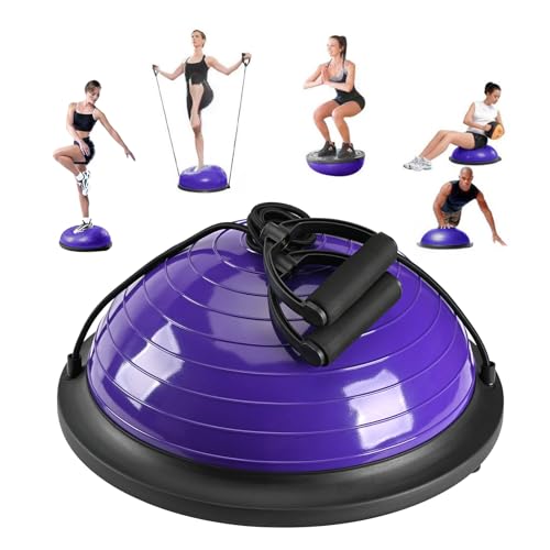 Half Balance Ball Trainer, Half Yoga Exercise Ball with Resistance Bands and Foot Pump, Balance Trainer for Stability Training, Strength Exercise Fitness, Home Gym Workout Equipment - color: Purple