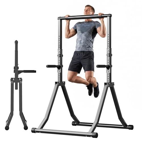 Foldable Power Tower Dip Station for Pull Ups, 66.1"-84.6" 12 Level 700 LBS, Adjustable Dip Handles & Assistance Bands Foldable Home Gym Equipment - color: 66"-85" with Dual Dip Handles