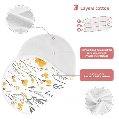 Yellow Flowers Muslin Burp Cloths 4 Pack - Extra Large 22"x11", 4-Layer Soft Absorbent Cotton, Waterproof Backing, Baby Drool Rags for Newborn