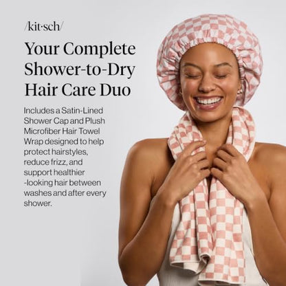Kitsch XL Microfiber Hair Towel Wrap for Women - color: Blush Checkered